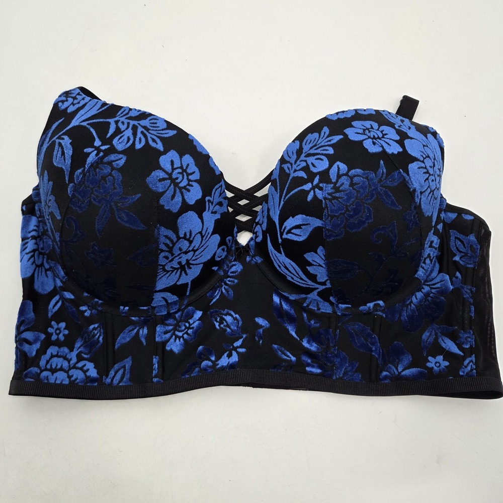 Torrid XO Plunge Push-Up Long Line Bra Micki Floral Burnout Blue 40DD
